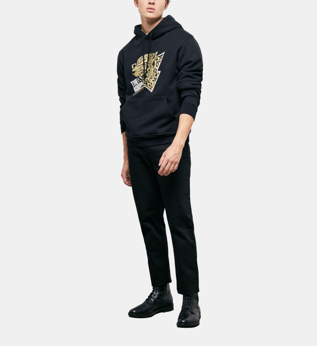 Hoodie With Tiger Screen Print | Men | Black x Antic Gold