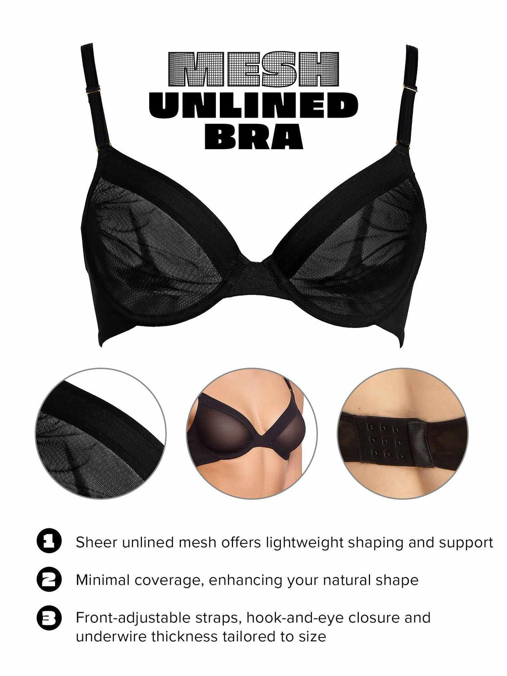 Unlined Mesh Underwire Bra | Black