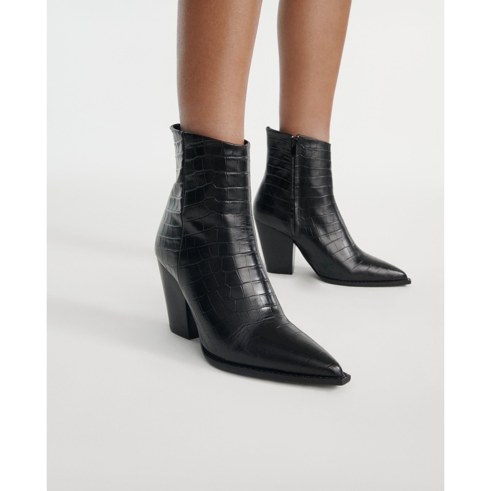 Heeled Croc-Effect Leather Ankle Boots | Women | Black