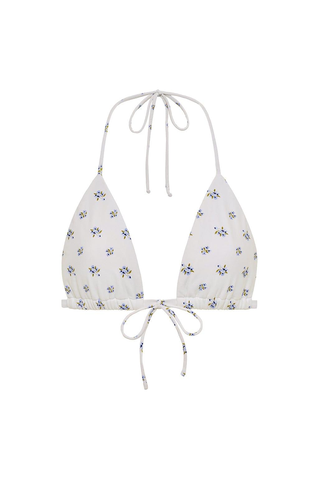 White triangle bikini top with small blue and yellow floral print throughout, adjustable halter and side tie straps.