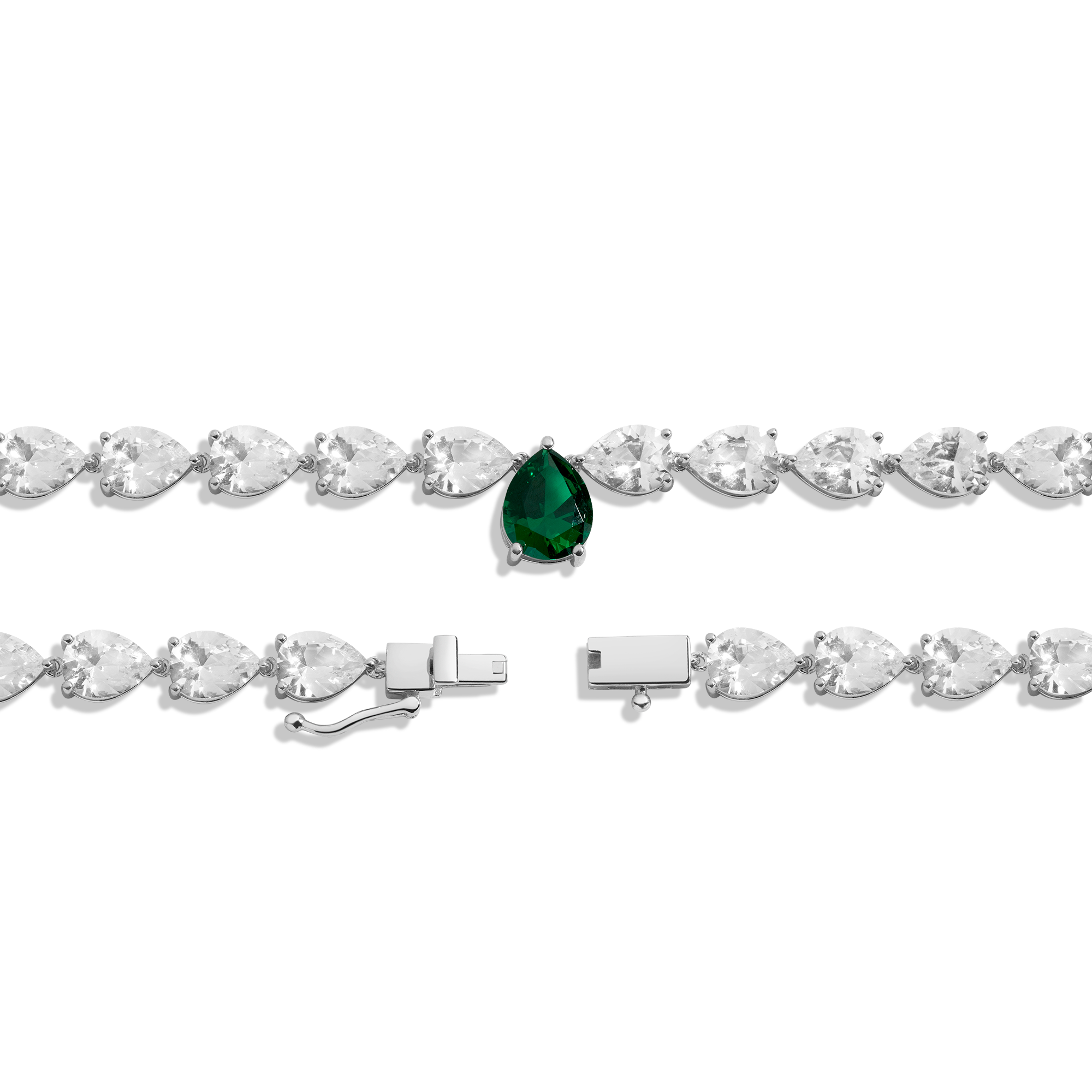 Lab Grown White Sapphire and Green Emerald Pear Tennis Necklace Vermeil White Gold 16in