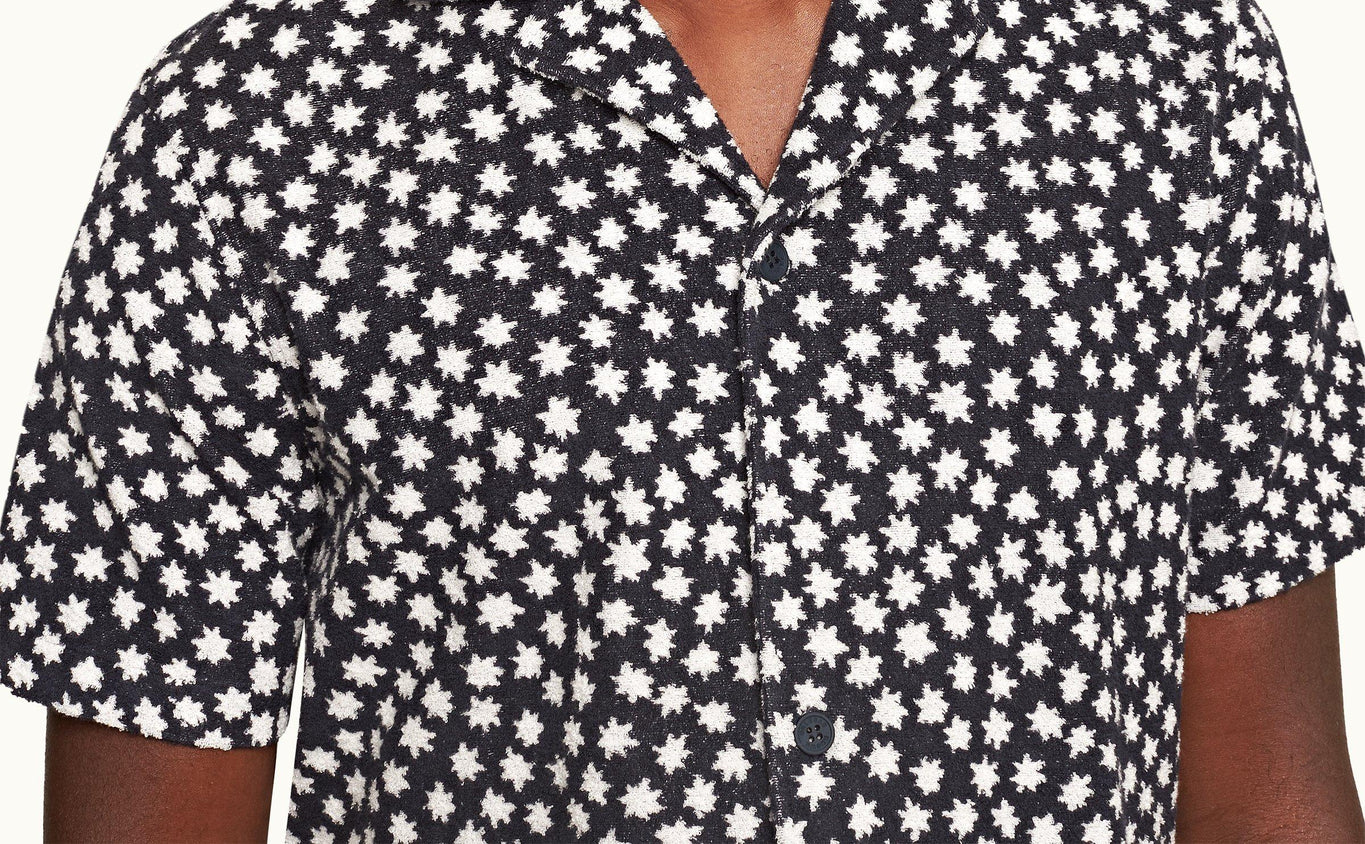 Howell Towelling Star Jacquard Relaxed Fit Capri Collar Cotton Towelling Shirt | Night Iris