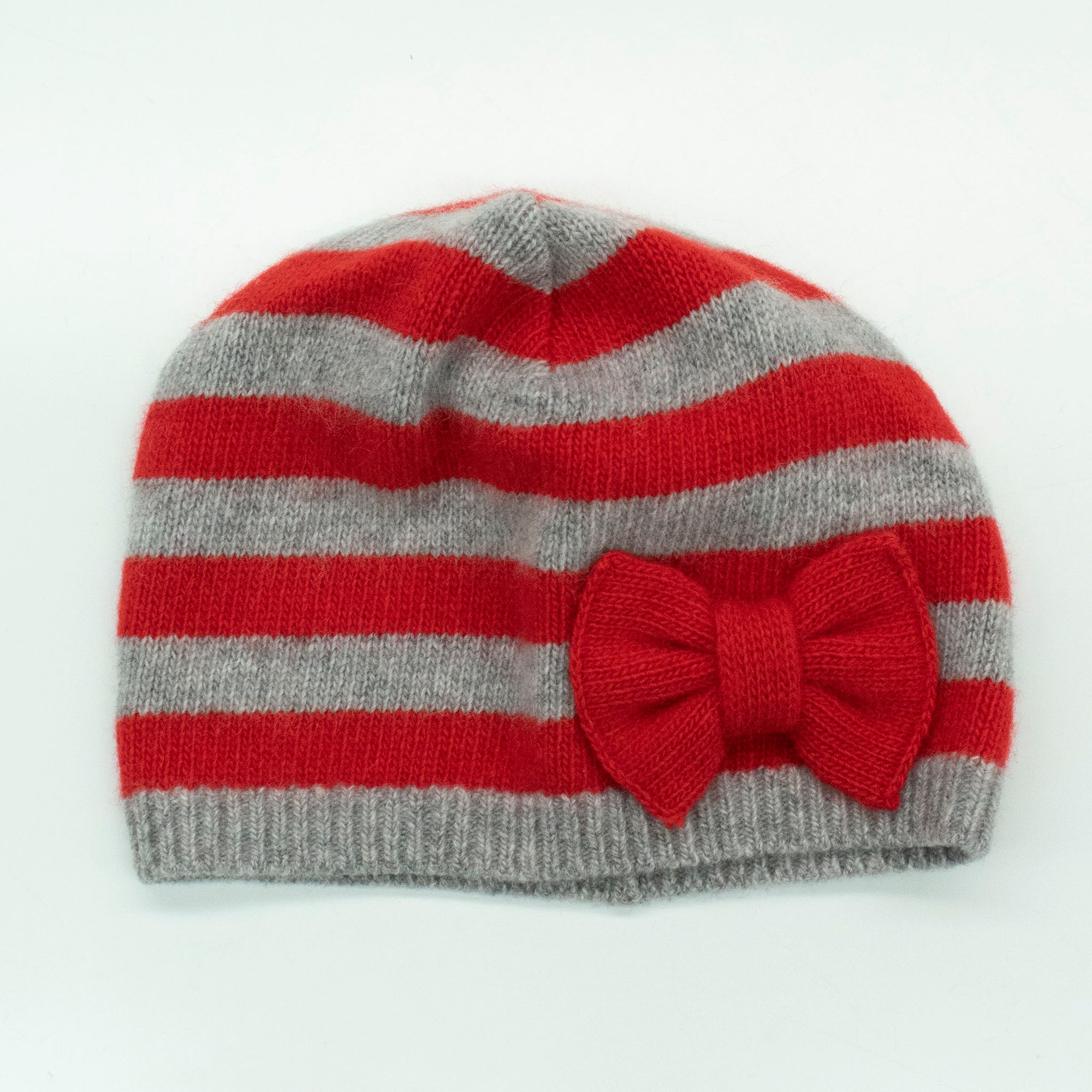 Kids | Cashmere Striped Beanie with Bow | Light Grey/Fire Red
