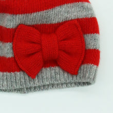 Kids | Cashmere Striped Beanie with Bow | Light Grey/Fire Red