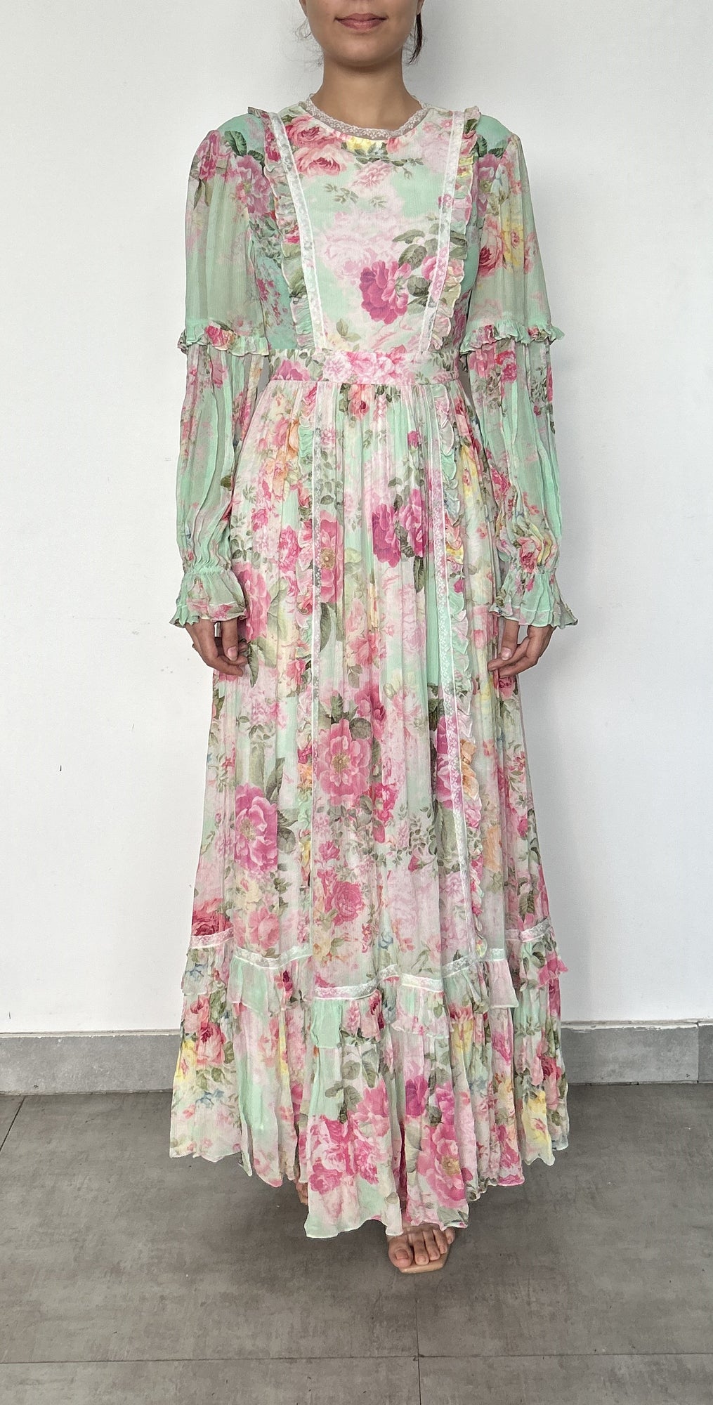 Hemant & Nandita | Round Closed-Neck Long-Sleeve Maxi Dress | White Multi