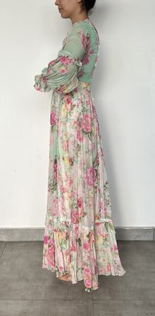 Hemant & Nandita | Round Closed-Neck Long-Sleeve Maxi Dress | White Multi