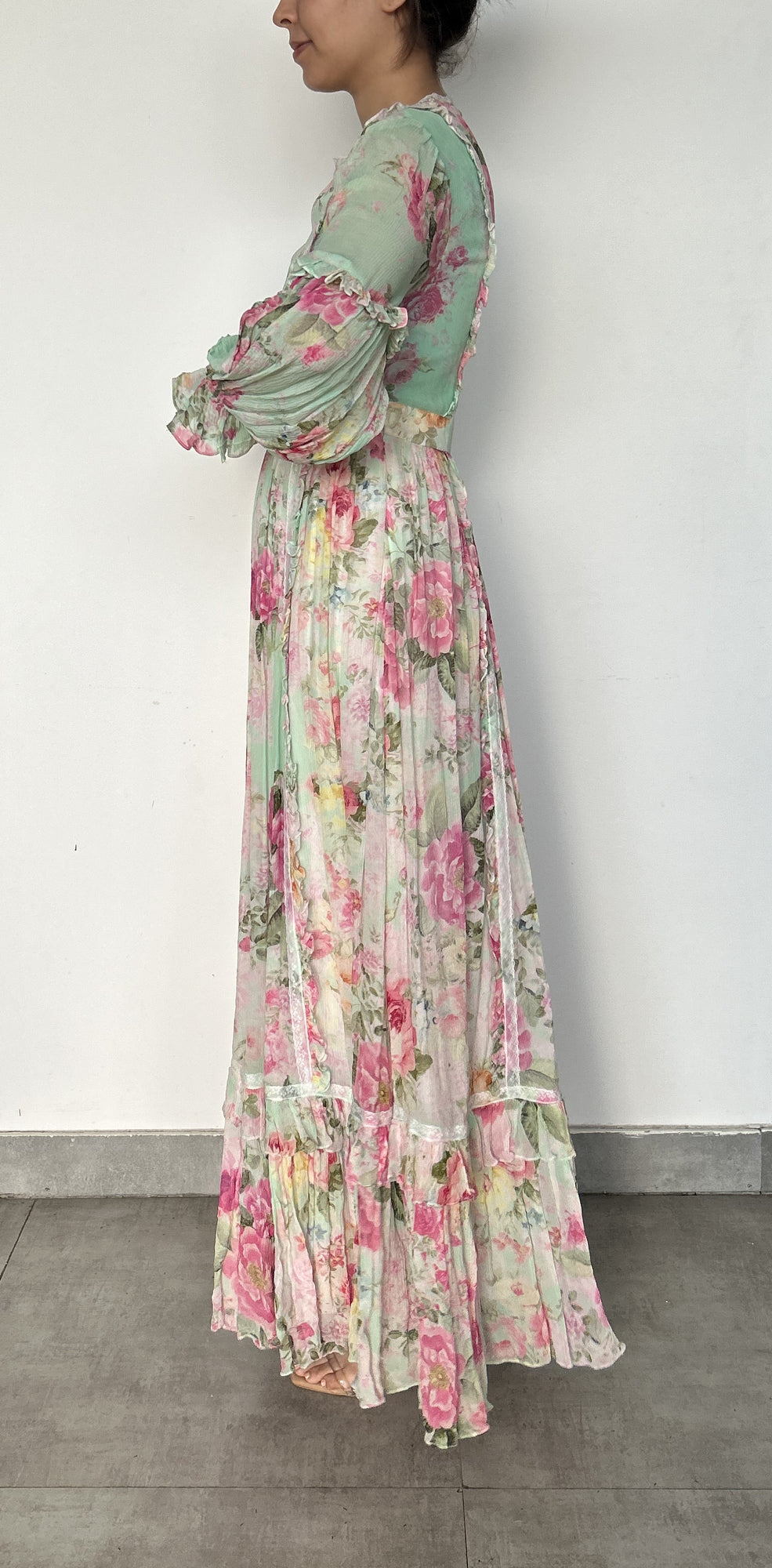Hemant & Nandita | Round Closed-Neck Long-Sleeve Maxi Dress | White Multi