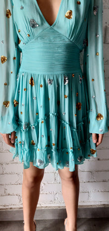 Rococo Sand | Tala Metallic Heart Embellishment Short Dress | Aqua