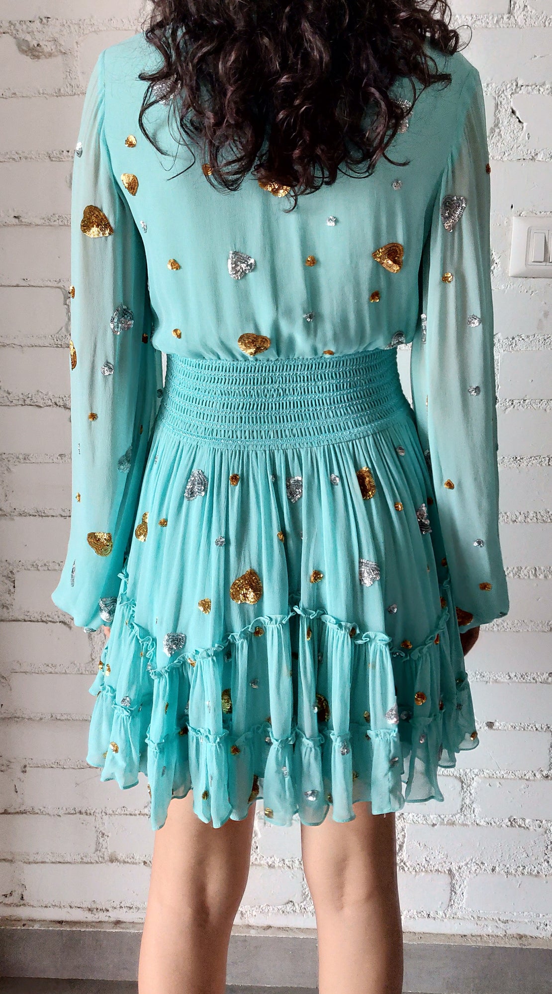 Rococo Sand | Tala Metallic Heart Embellishment Short Dress | Aqua