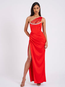 Lora Crystal Embellished Mesh Satin Corset Gown | Scarlet