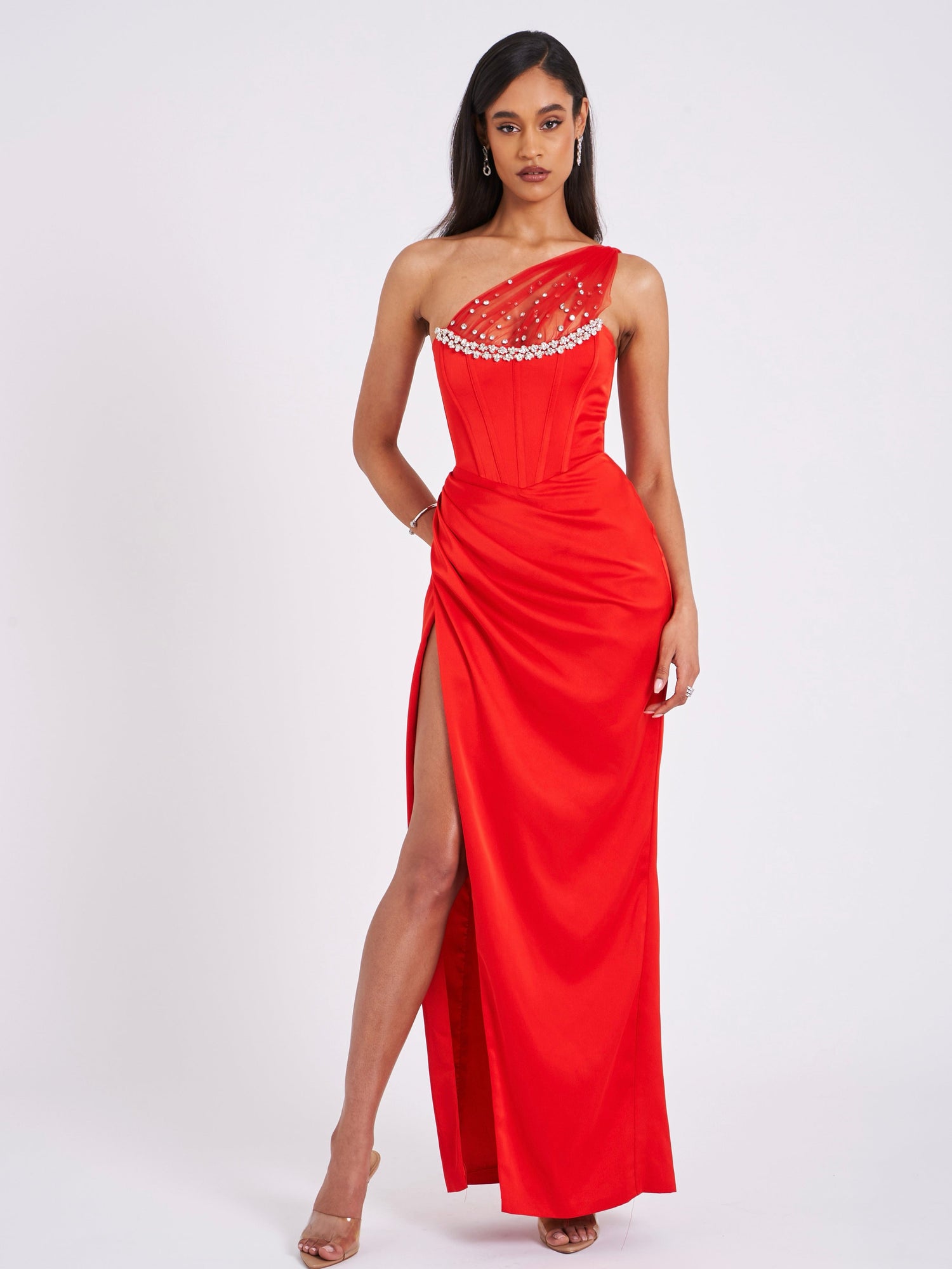 Lora Crystal Embellished Mesh Satin Corset Gown | Scarlet