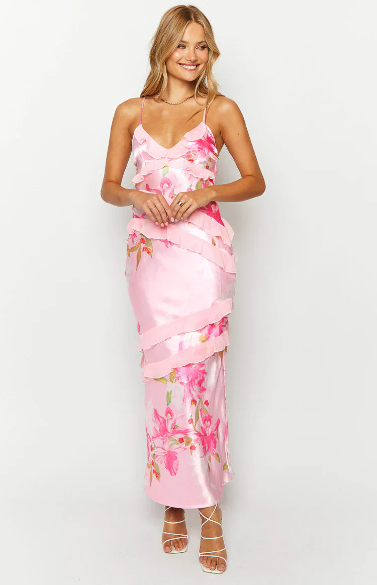 Inara Floral Print Ruffle Prom Dress | Pink