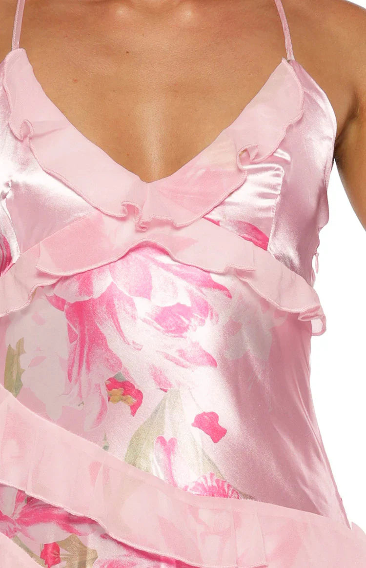 Inara Floral Print Ruffle Prom Dress | Pink