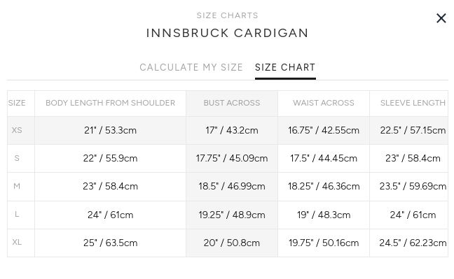 Product size guide