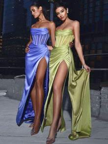 Prisa Very High Slit Satin Corset Gown | Periwinkle