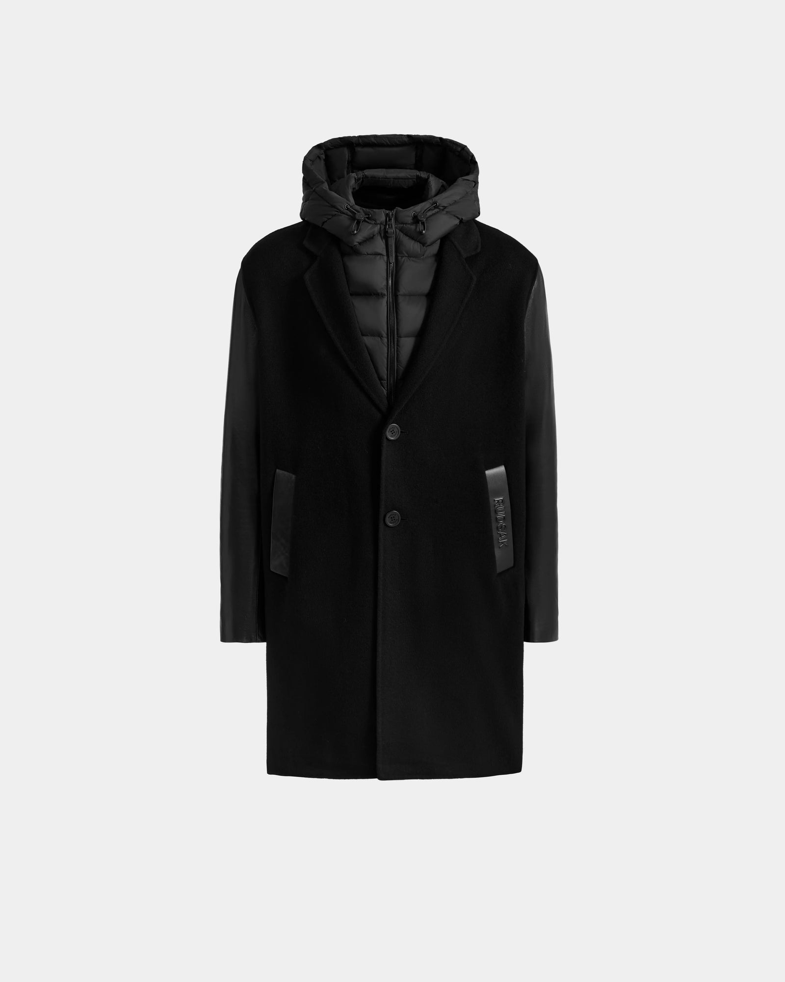 The Rudsak JESSE - M125504 Black men’s wool coat features a down-insulated hood, quilted inner layer, and two front buttons, shown against a plain white background.