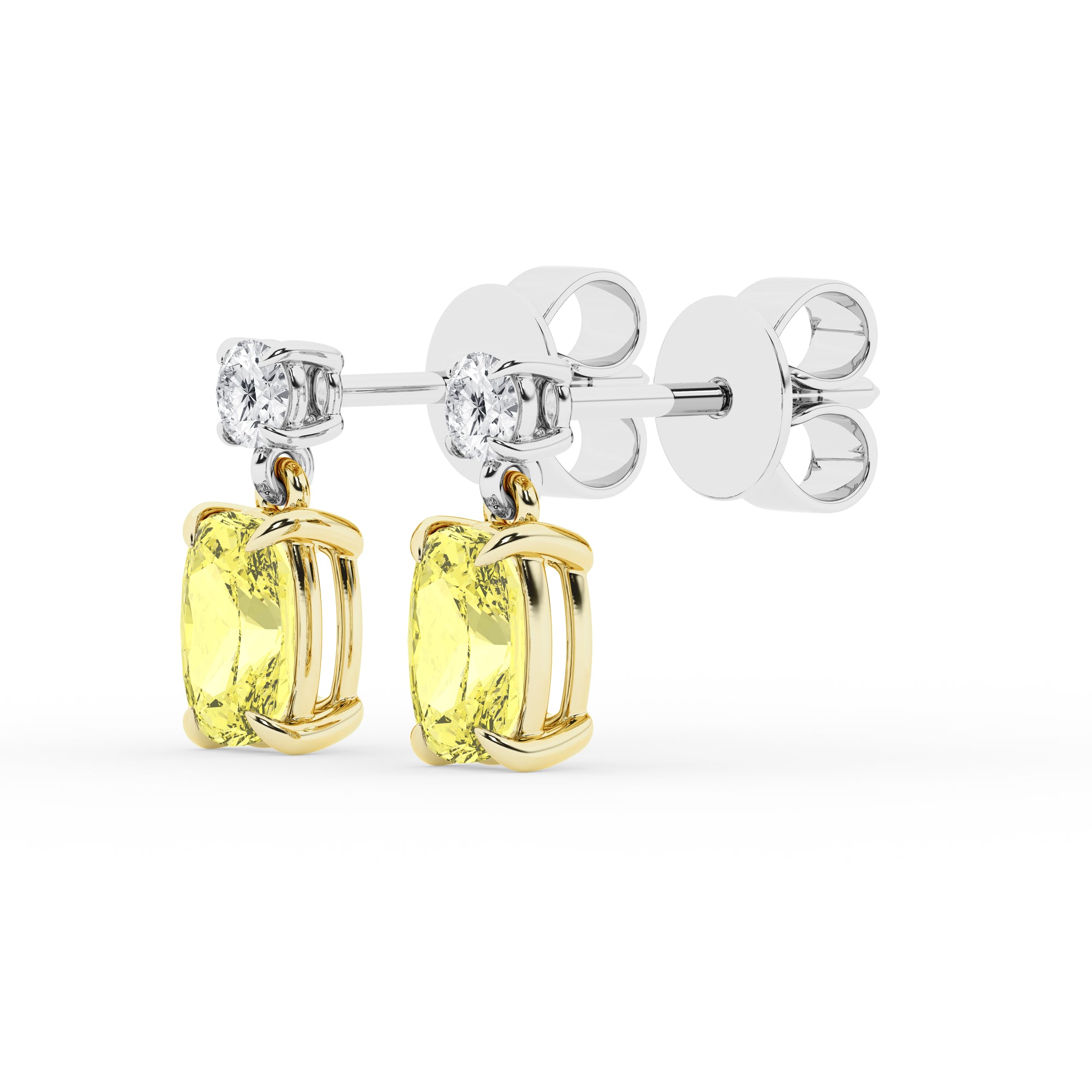 Womens | Drop Earring | 14K Two Tone Gold | 1.75 CTW Long Cushion and Round Cut Lab Grown Diamond | Yellow-VS1