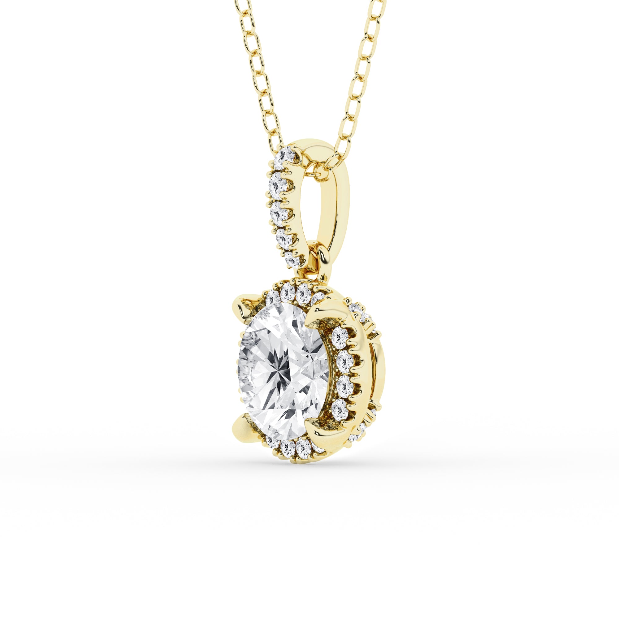 Womens | Halo Solitaire Pendant Necklace | 14K Yellow Gold | 1.33 CTW Round Cut Lab Grown Diamond | F-VS