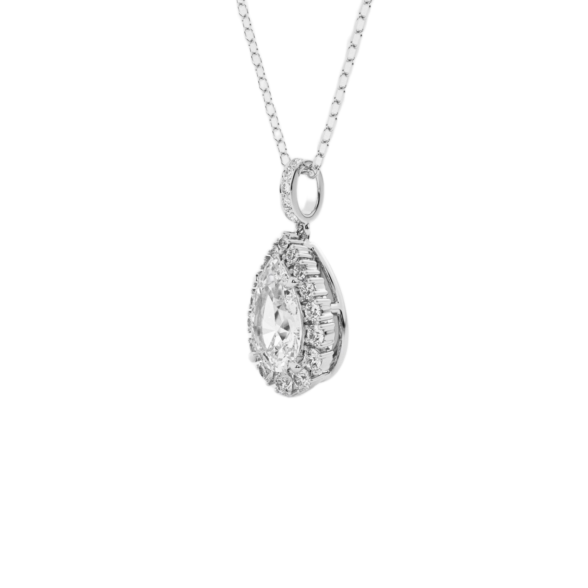 Womens | Halo Solitaire Pendant Necklace | 18K White Gold | 2.25 CTW Pear Cut Lab Grown Diamond | F-VS2