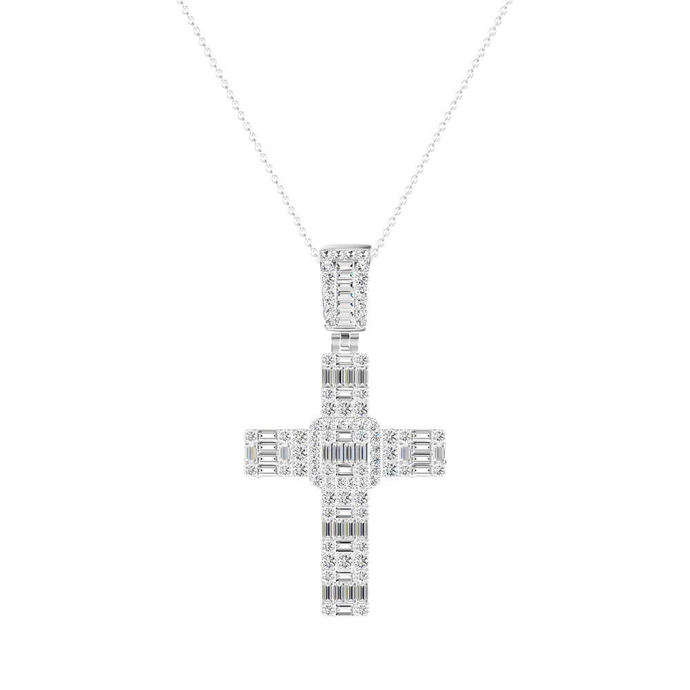 Womens | Cross Pendant Necklace | 14K White Gold | 3 CTW Baguette Cut Lab Grown Diamond | G-VS-SI1