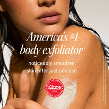 A person gently applies body exfoliator to their wet shoulder, demonstrating skincare use. Text reads: 