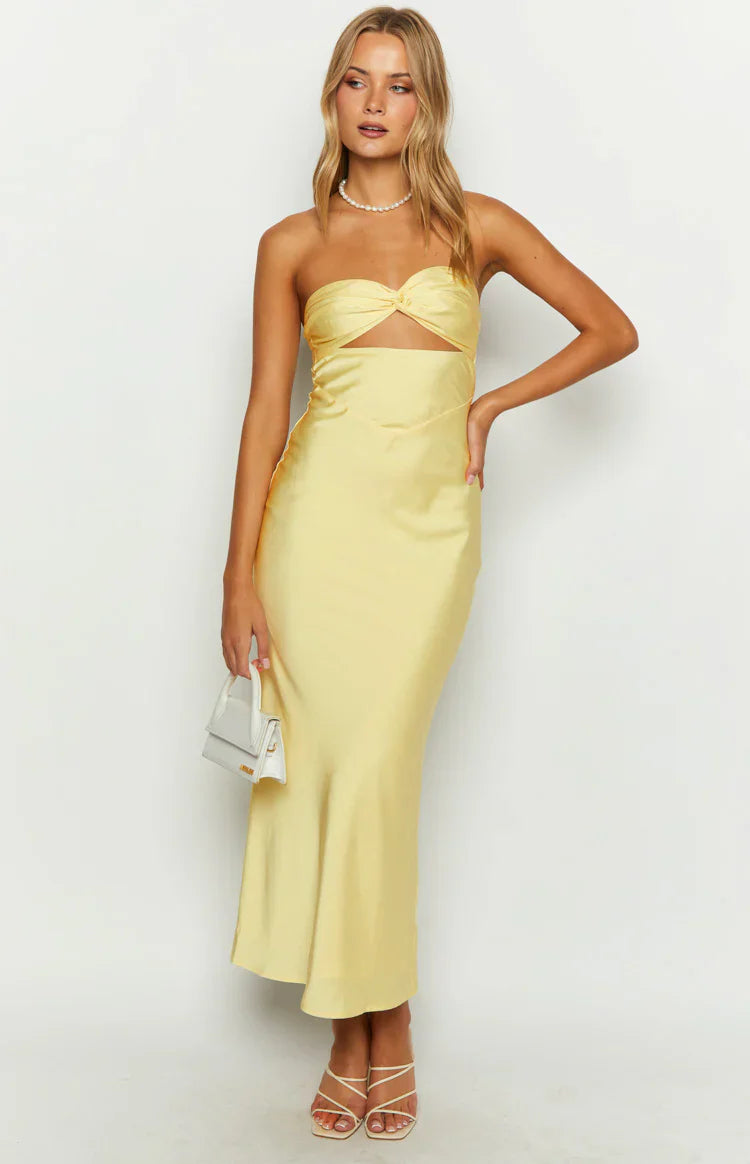 Kenna Satin Strapless Maxi Dress | Yellow