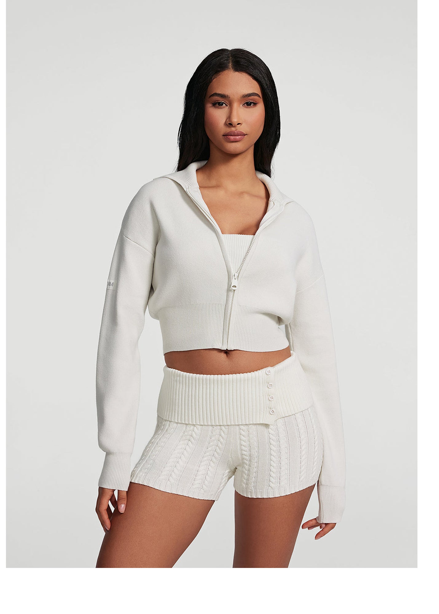 Knit Cropped Zip-Up Jacket | White