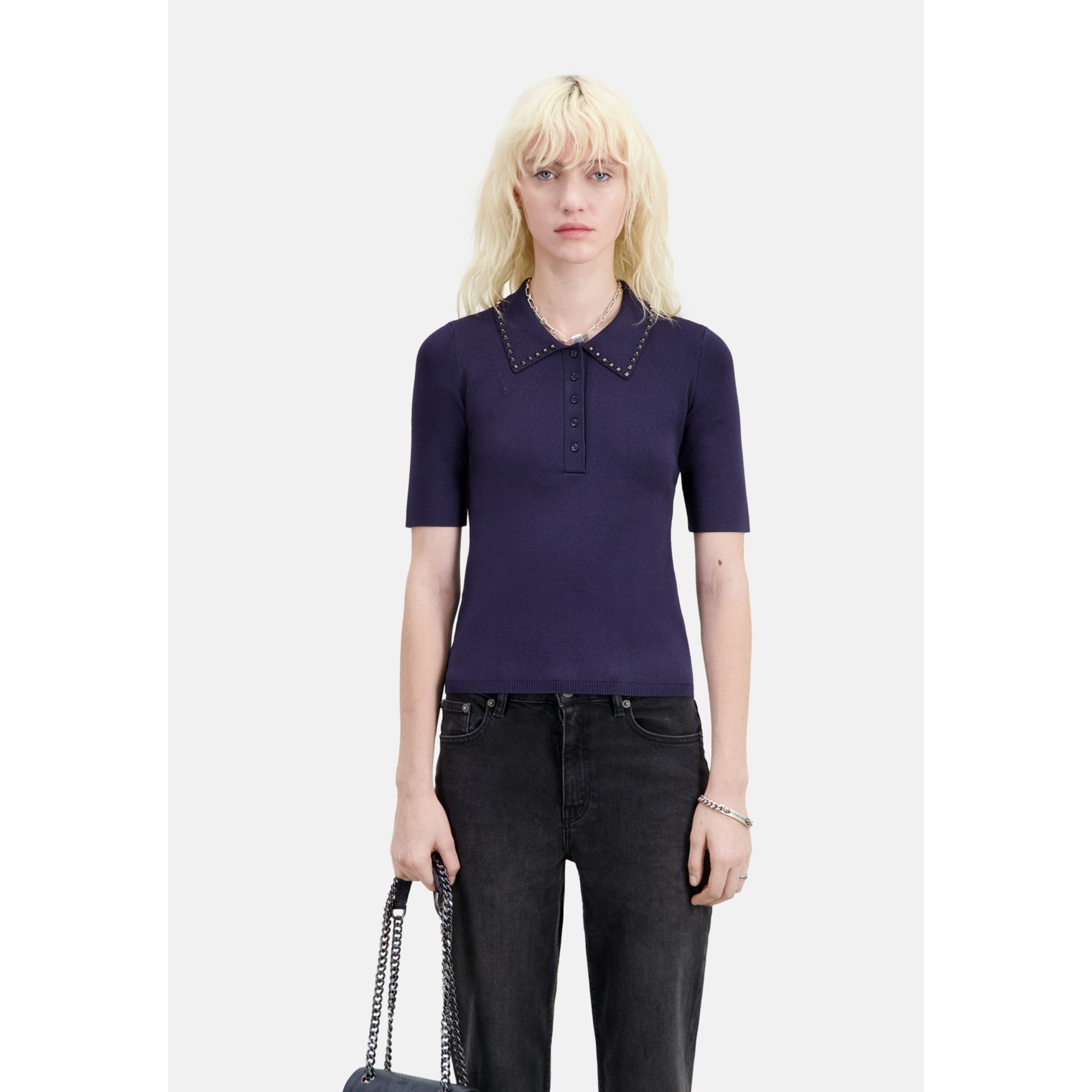 Knitted Polo T-Shirt | Women | Navy Blue