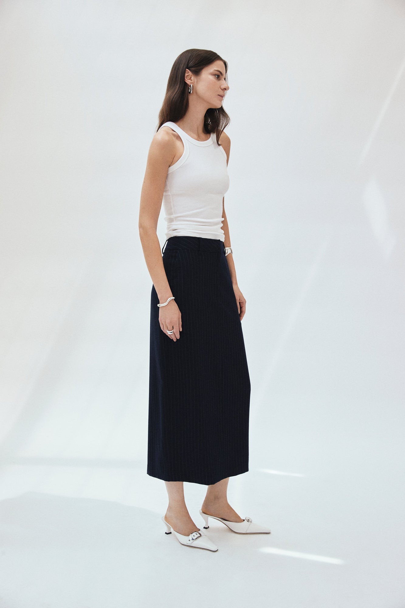 Pinstripe Wool Twill Column Maxi Skirt | Navy