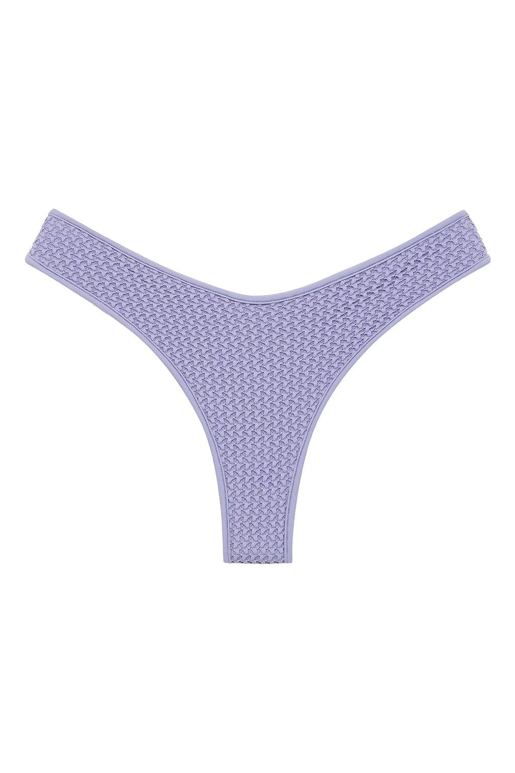 Lavender crochet bikini bottom with textured knit pattern and high-cut thong design.