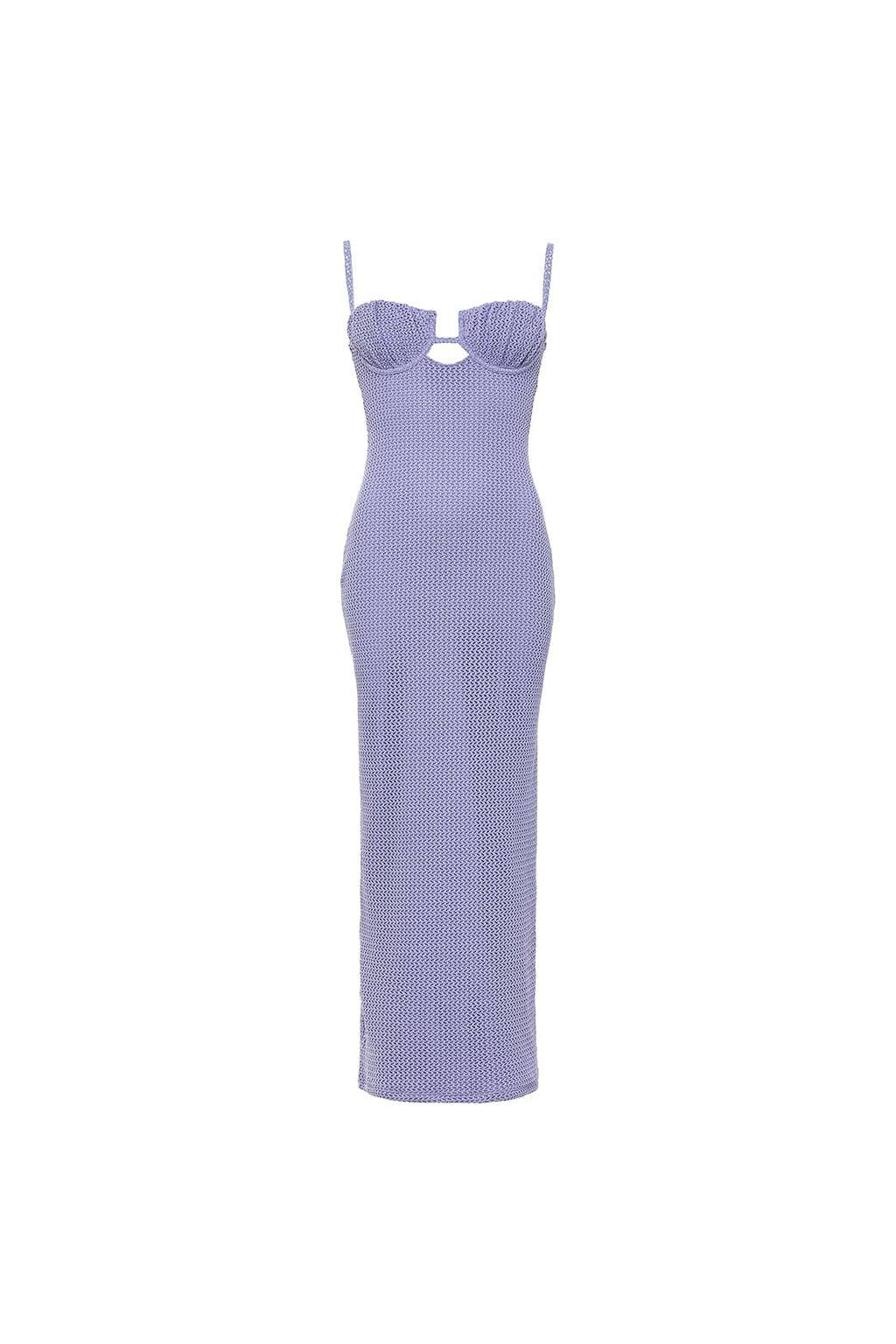 Lavender crochet slip dress with structured bust, thin straps, and fitted maxi silhouette.