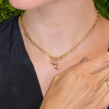 14k recycled gold Demi Pavé Ripple Charm. Hanging from a chunky paperclip chain necklace