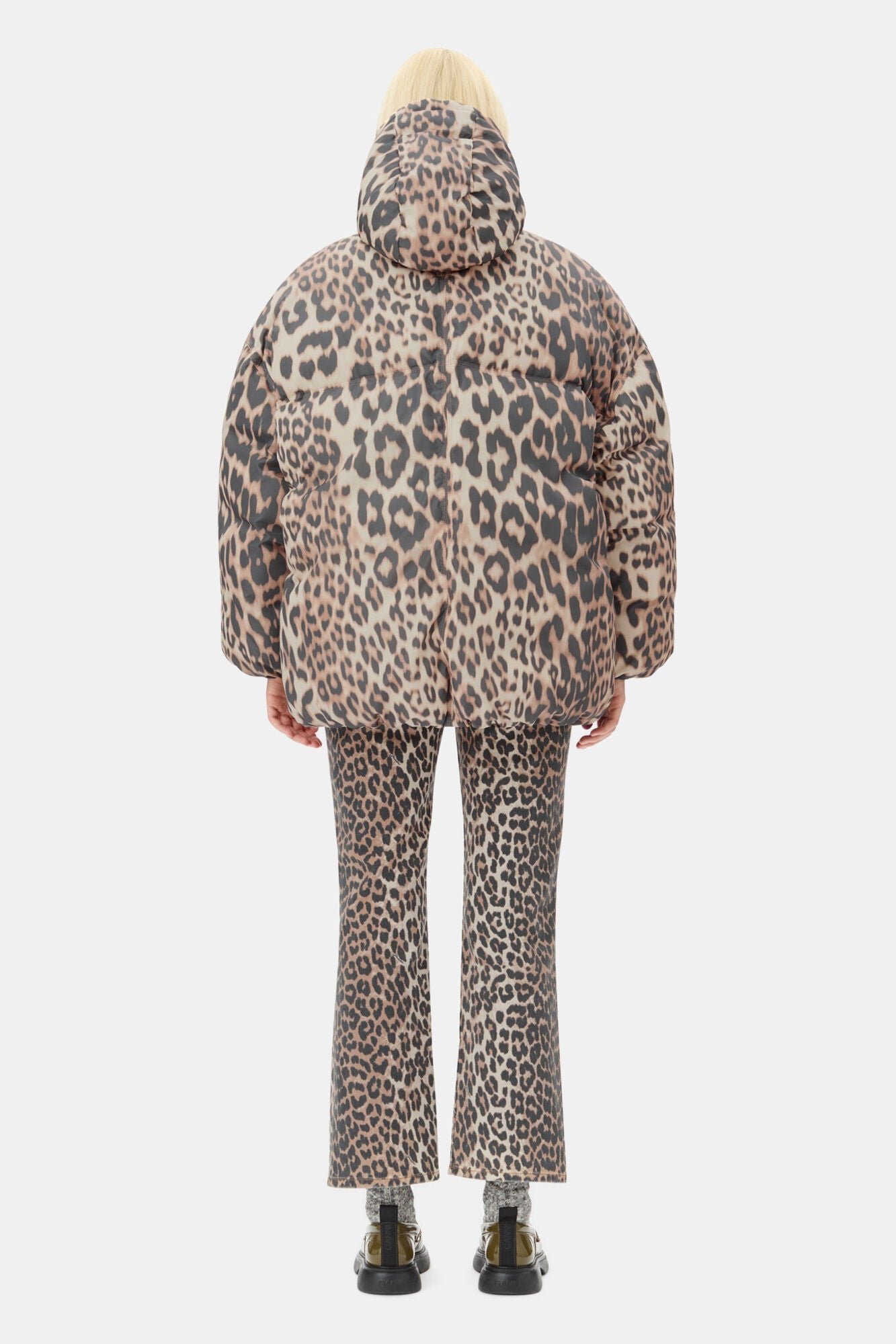Leopard Print Midi Puffer Jacket | Almond Milk
