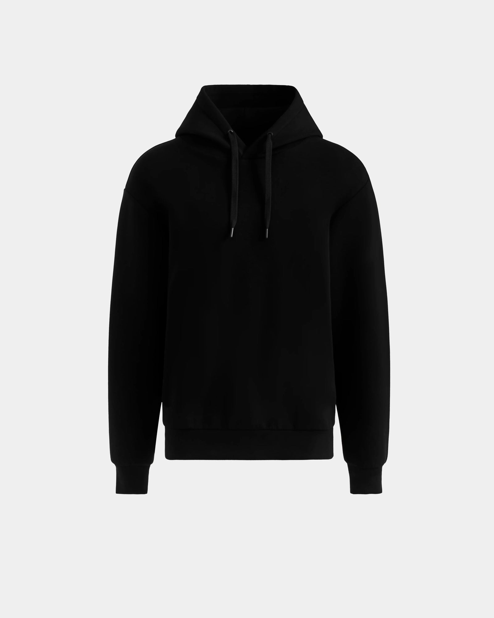 The Rudsak LEROY - U525509 Black M is a gender-inclusive hoodie made from a luxe cotton-blend, featuring long sleeves, a front pocket, and drawstrings, shown on a light gray background.