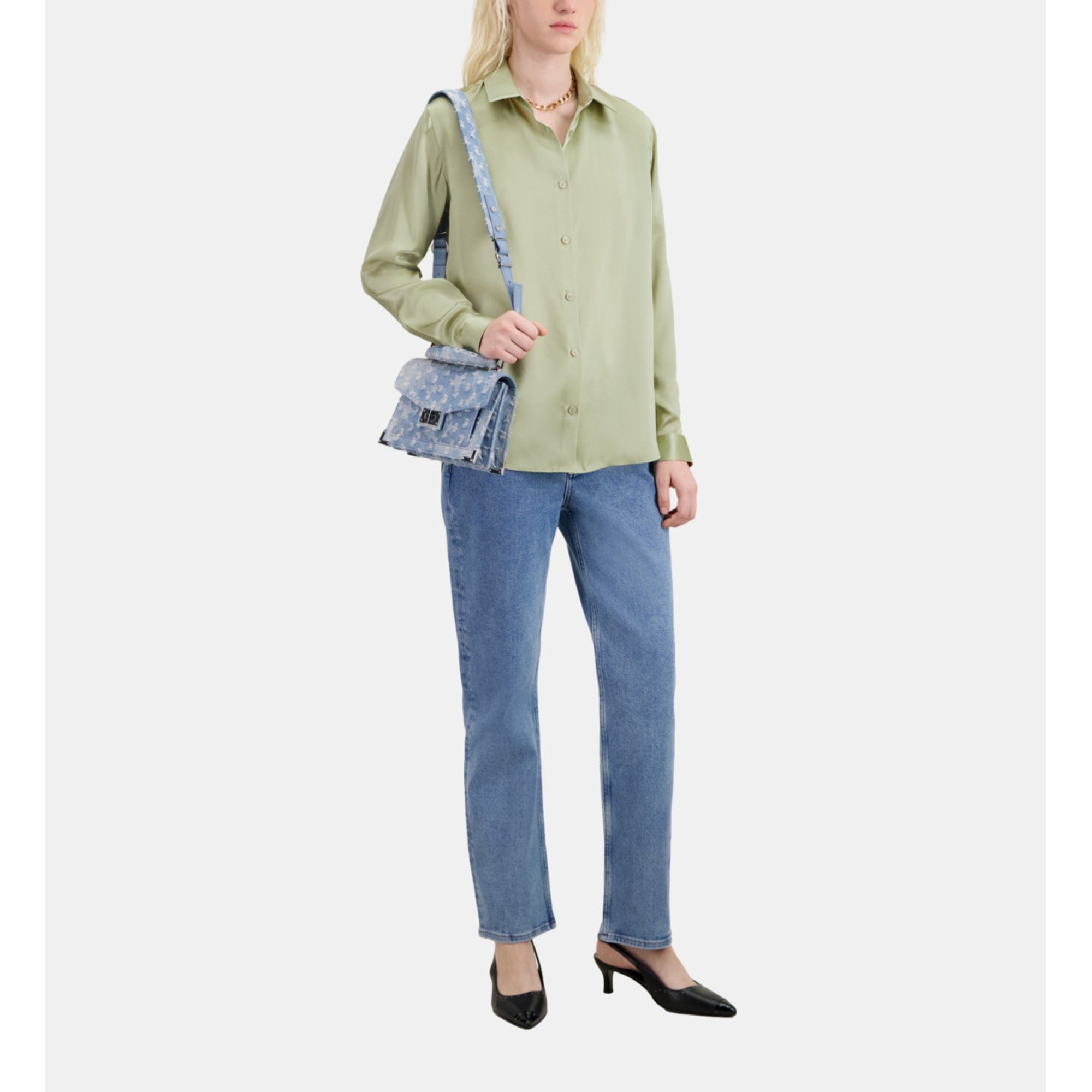 Light Green Satin Silk Shirt | Women | Khaki Grey