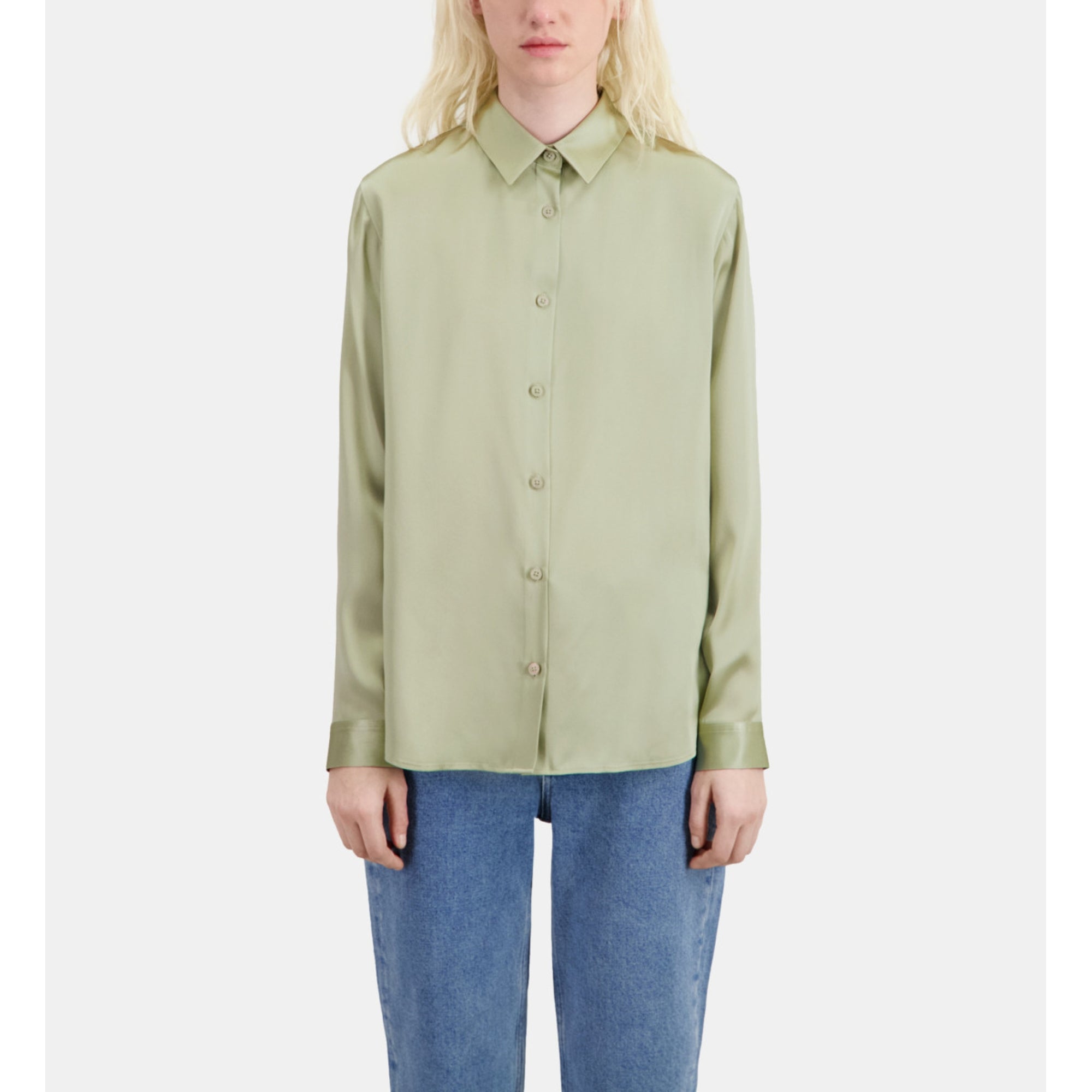 Light Green Satin Silk Shirt | Women | Khaki Grey