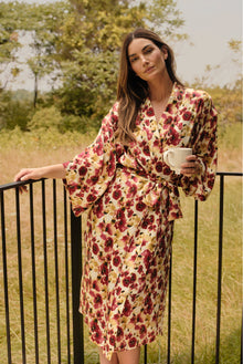 Model is wearing Inez Washable Silk Long Robe in Botanical Flower Merlot 