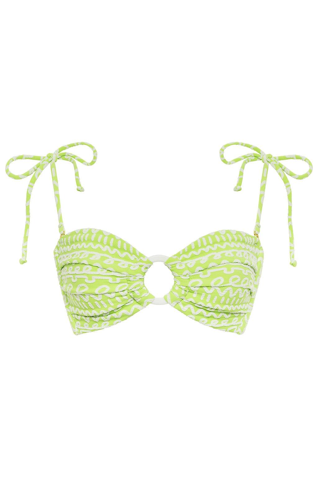 Lime green bandeau bikini top with white geometric pattern and adjustable tie straps.