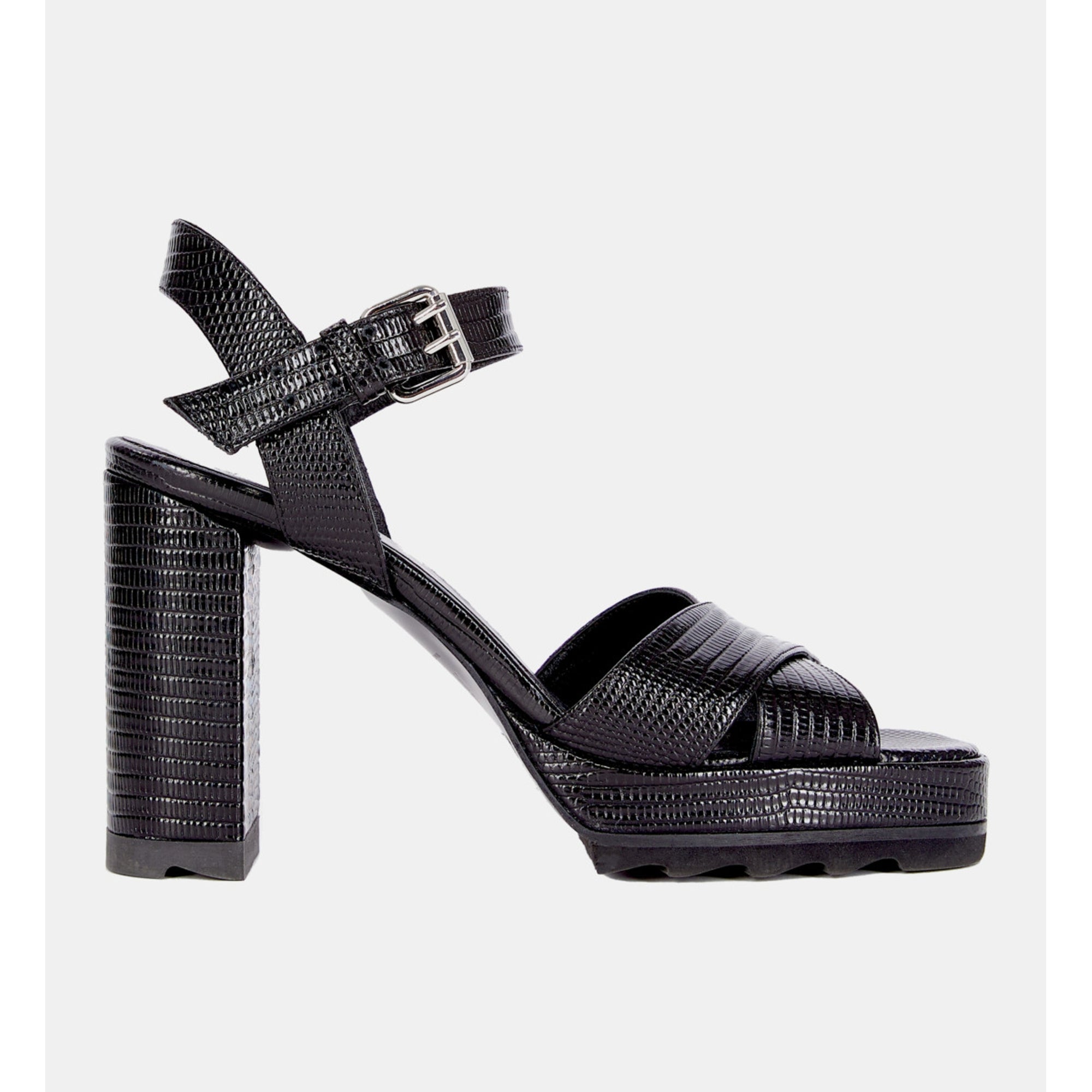 Lizard Effect Leather Heeled Sandals | Women | Black