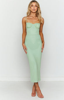 Light green mesh bodycon midi dress featuring a ruched bustier and delicate spaghetti straps