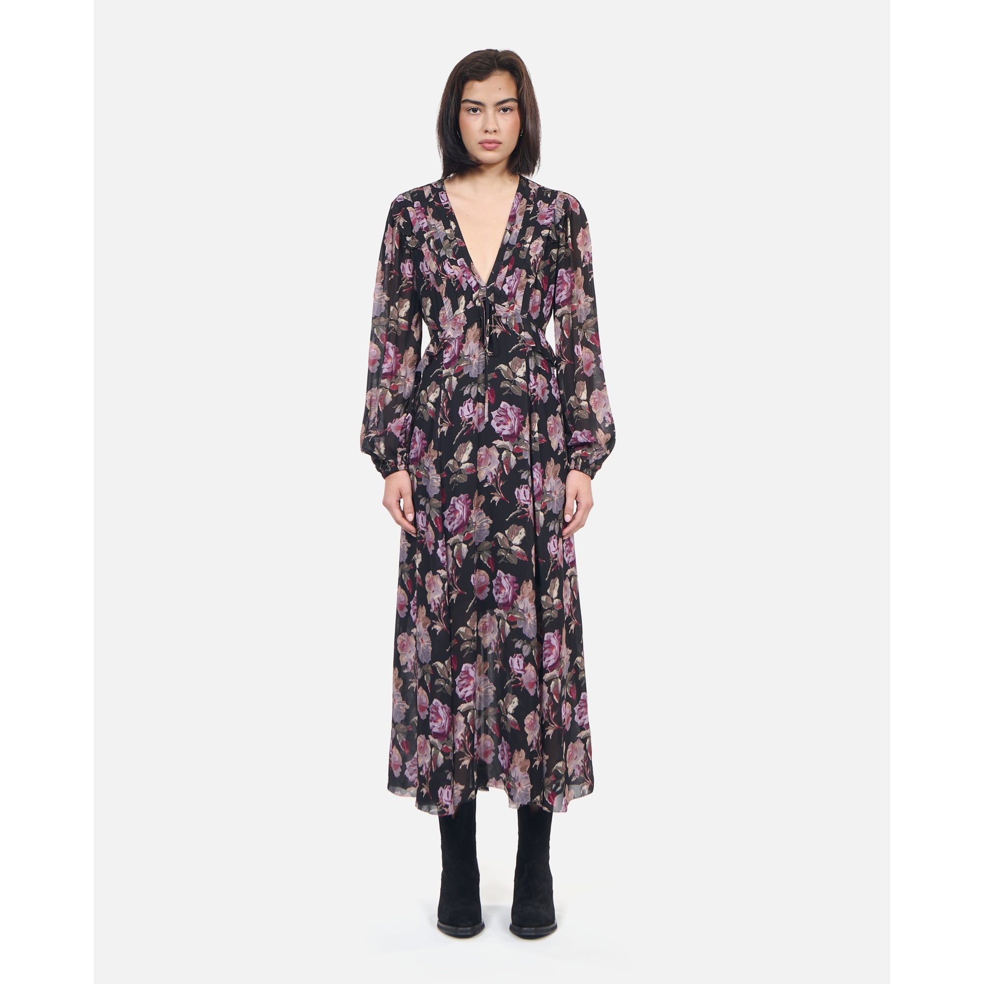 Long Floral Print Dress | Women | Black x Purple