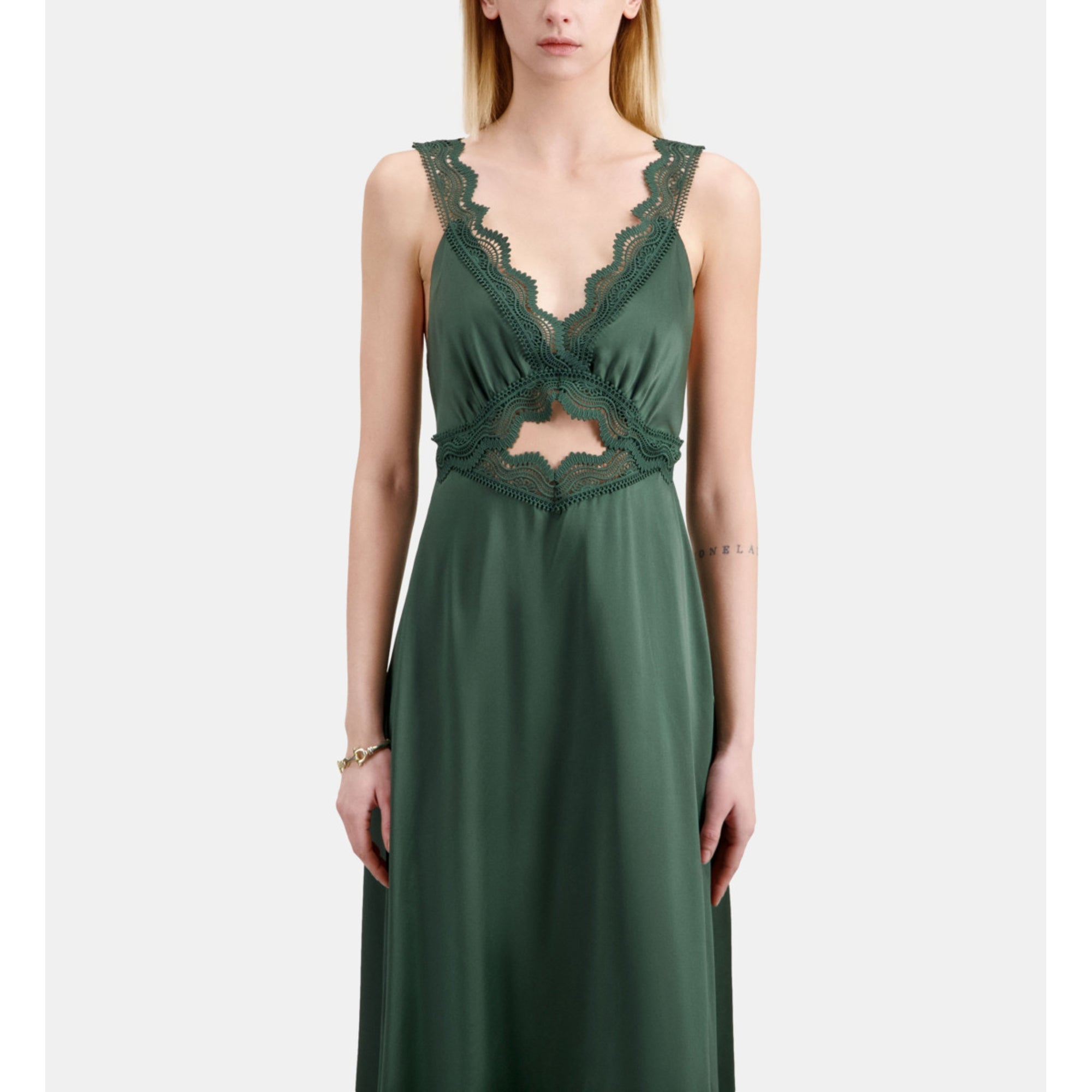 Long Green Slip Dress With Guipure | Women | Wood Khaki