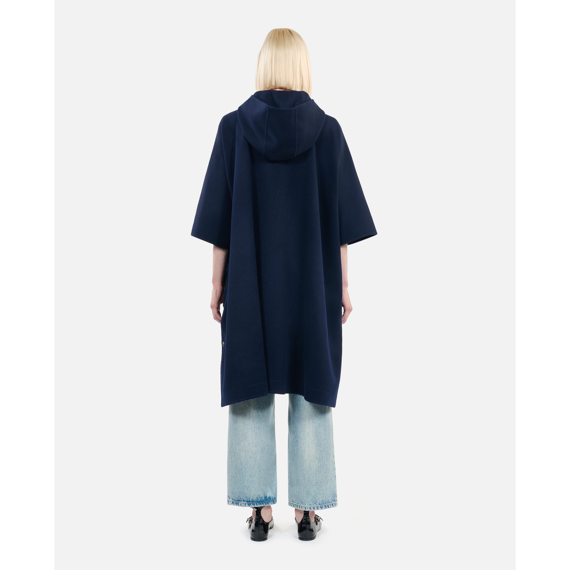 Long Hooded Wool-Blend Cape | Women | Navy Blue