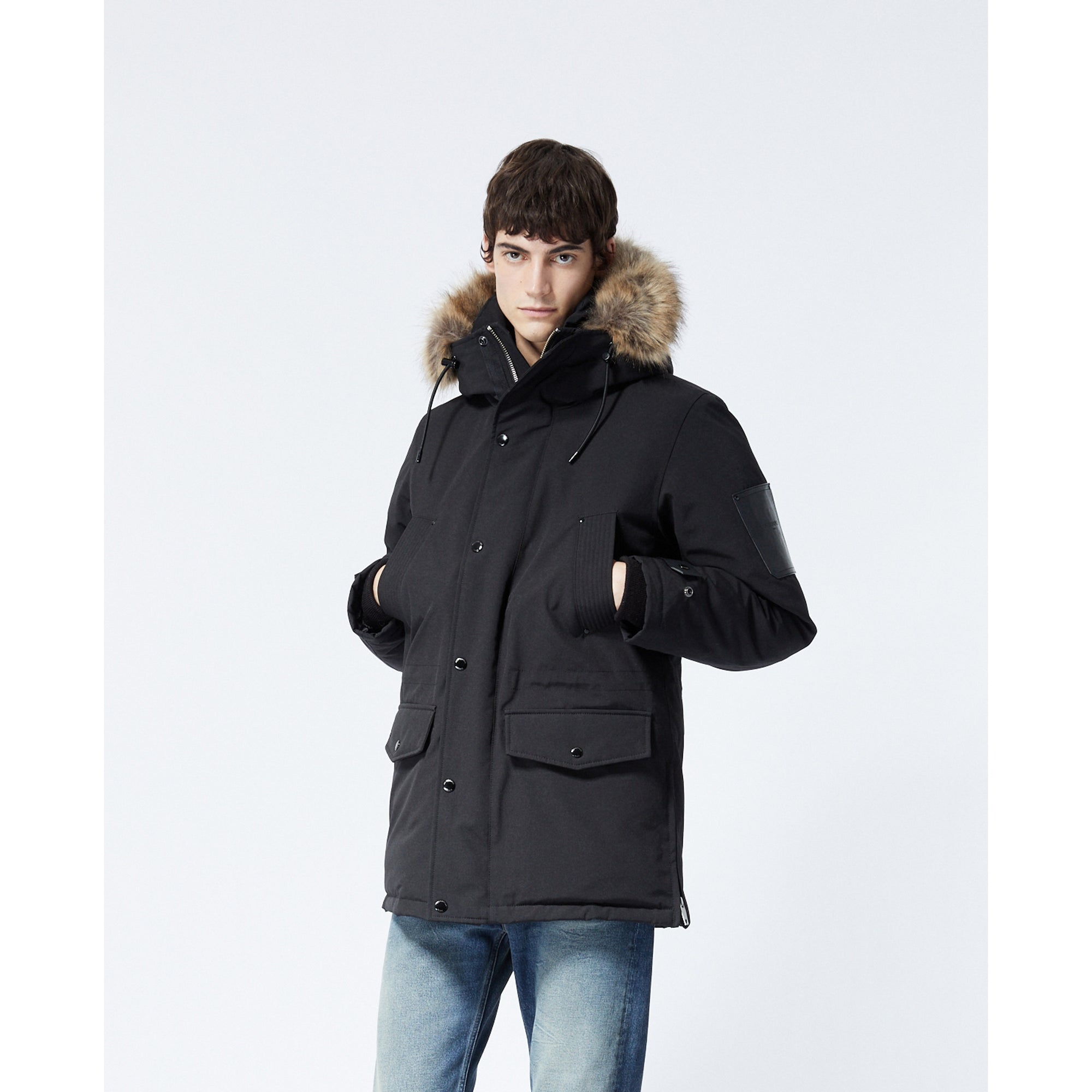 Long Parka With Leather Detail | Men | Black