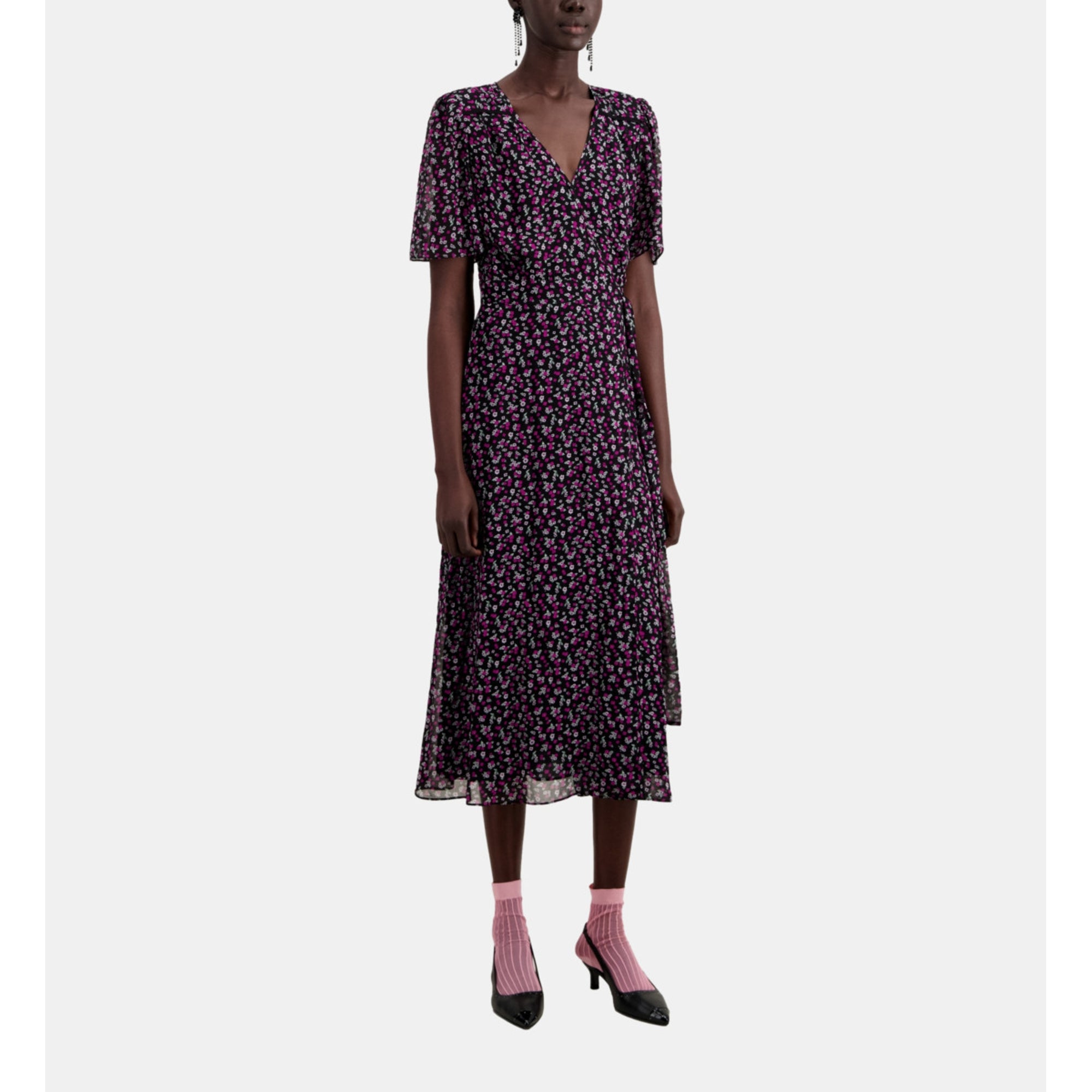 Long Printed Wrap Dress | Women | Black x Pink