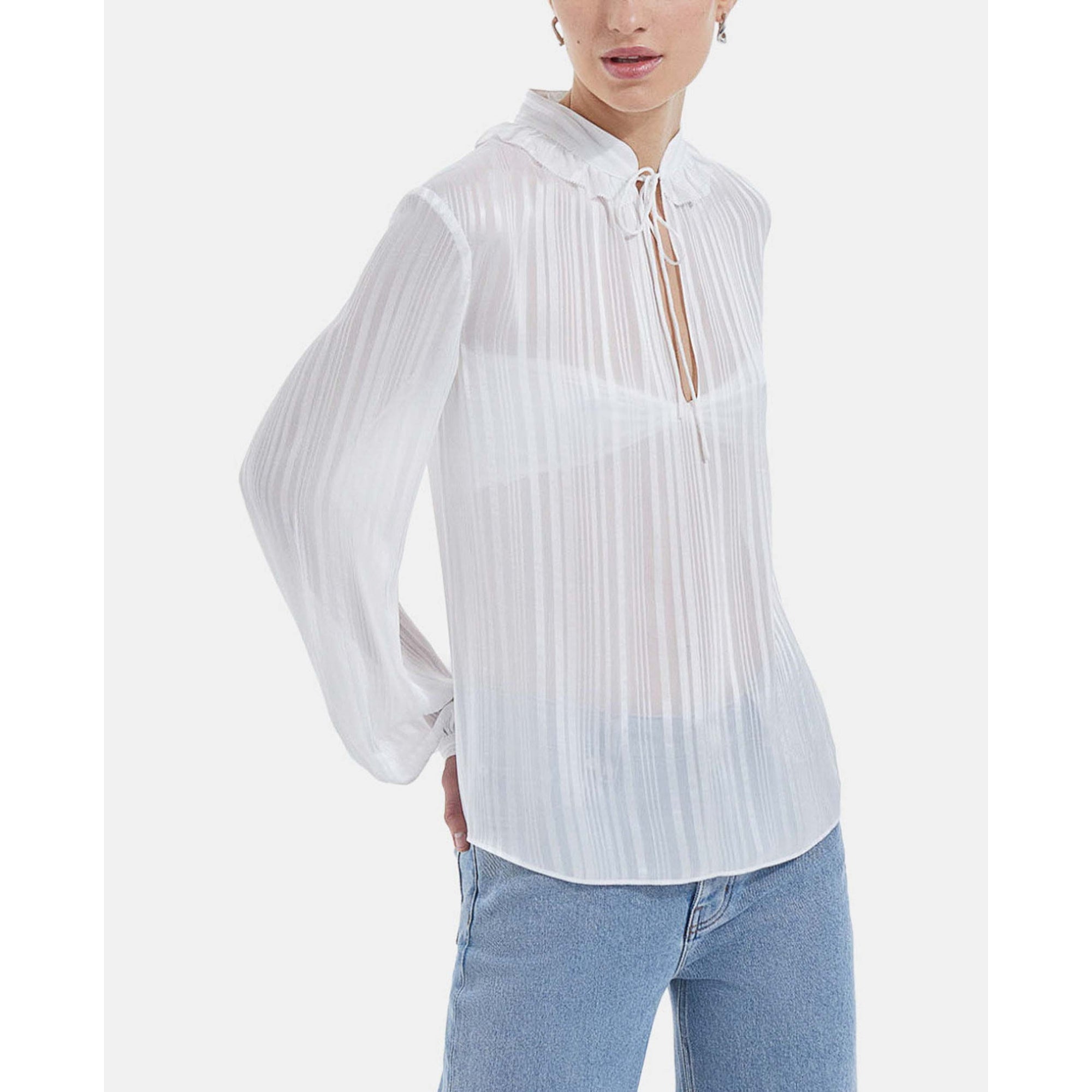 Loose-Fitting Knotted Collar Striped Ecru Top | Women | White