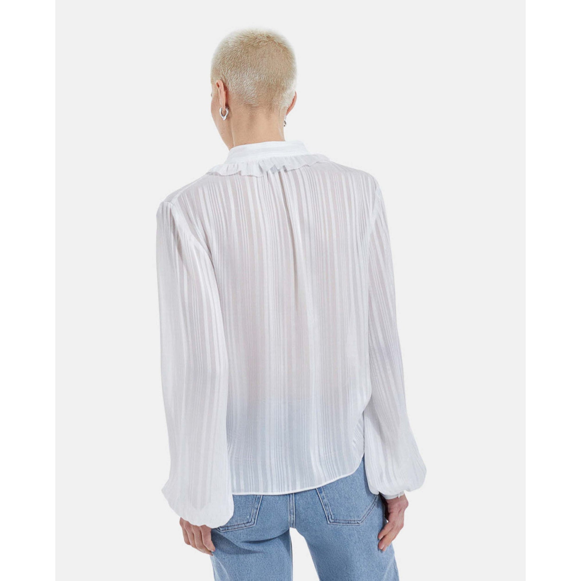 Loose-Fitting Knotted Collar Striped Ecru Top | Women | White