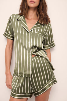 Model wears Inez Washable Silk Printed Short PJ Set in Classic Stripe Moss/Moss.