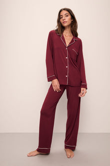 Model wears Gisele TENCEL Modal Long PJ Set in Cabernet/Ivory/
