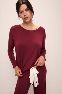 Model wears Gisele TENCEL Modal Slouchy PJ Set in Cabernet/Ivory.